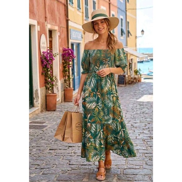 Betsey Johnson Dresses & Skirts - Green Floral Tropical Smocked Puff Sleeve Off On Shoulder Midi Floral Sundress M